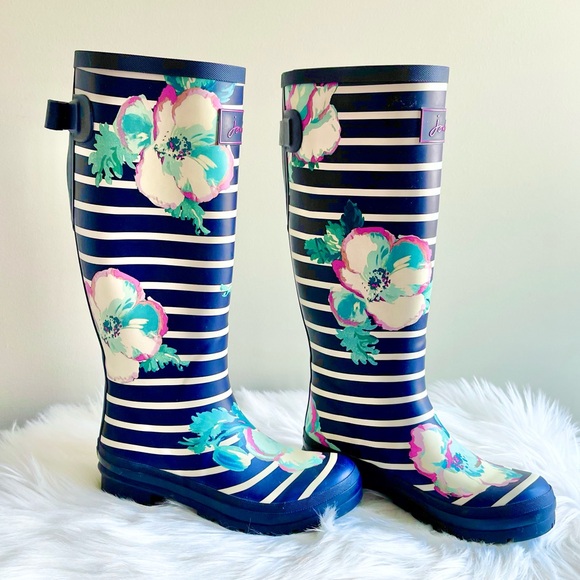 Joules Tall Welly Knee High Rain Boots - Navy Floral Stripe - Picture 1 of 7